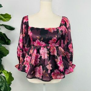 NWT Thirty/Thirty Floral Chiffon Smocked BabyDoll Bubble Long Sleeve Top